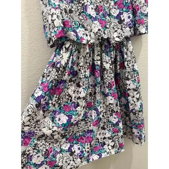 VTG 80s Floral Dress Romantic Cottagecore Lace Collar Waist 3/4 Sleeve Pullover - Picture 5 of 6